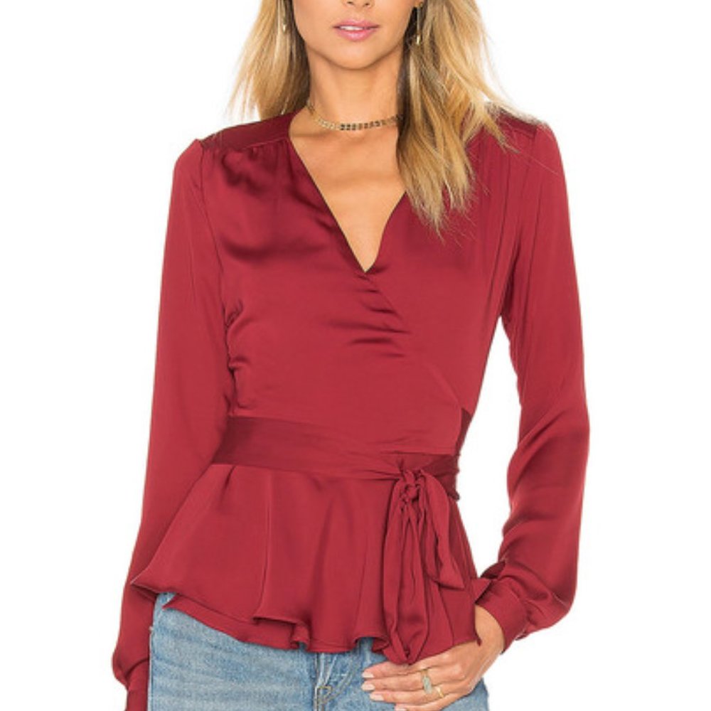 L'Academie Satin Long Sleeve Wrap Blouse